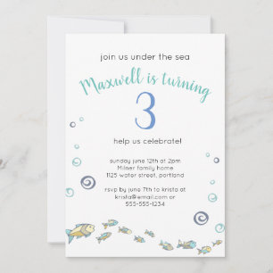 Cute Under The Sea Turning 3 Ocean Birthday Invitation