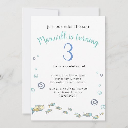 Cute Under The Sea Turning 3 Ocean Birthday Invitation
