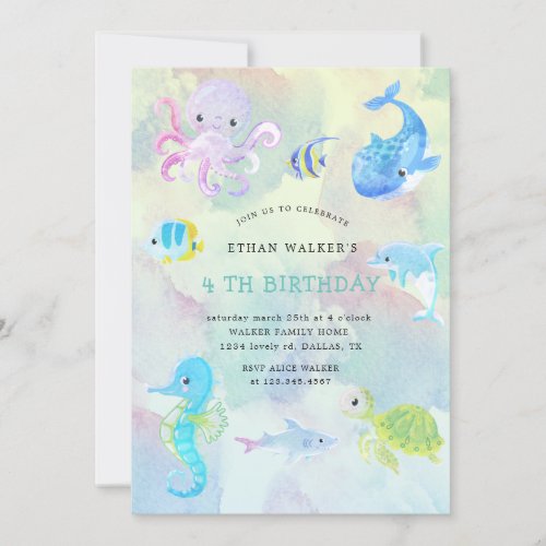Cute under the sea watercolor Birthday Invitation