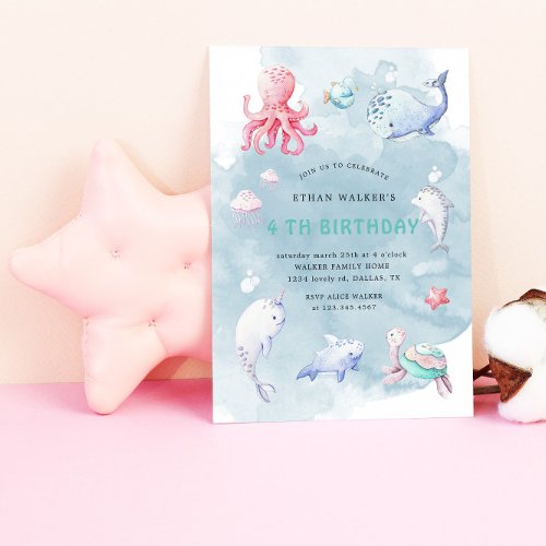 Cute Under The Sea Watercolor Birthday Invitation