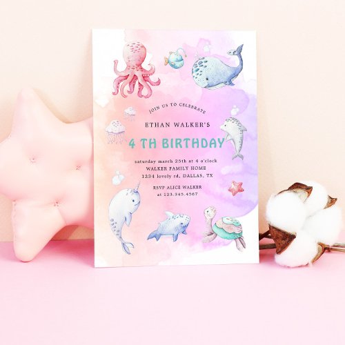 Cute Under The Sea Watercolor Birthday Invitation