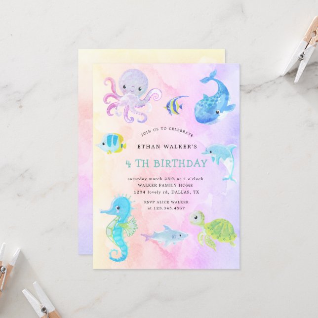 Cute Under the Sea Watercolor Birthday Invitation (Front/Back In Situ)
