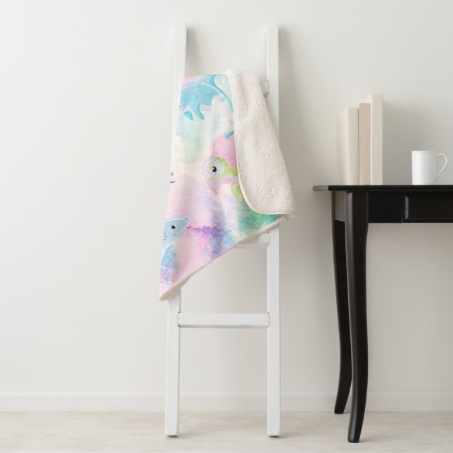 Cute Under the Sea Watercolor Monogram Sherpa Blanket (In Situ)