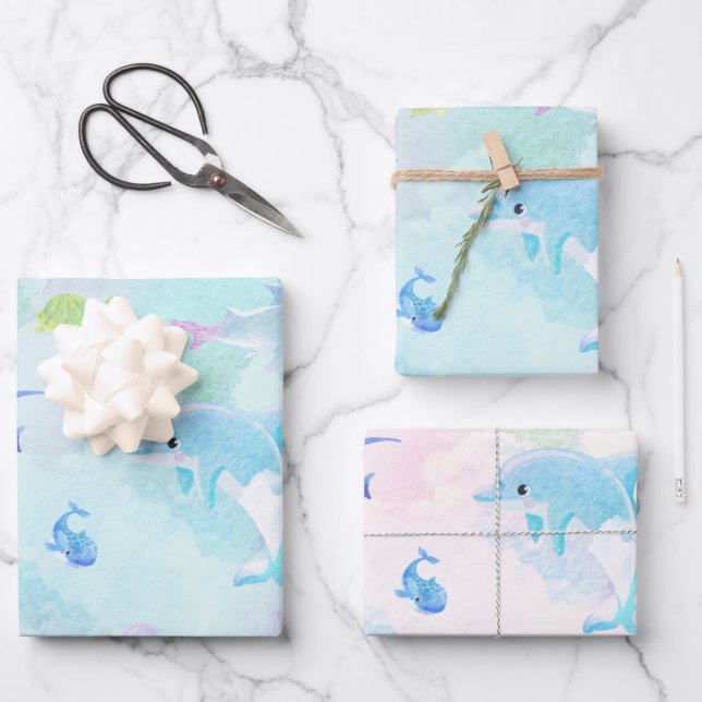 Cute Under the Sea Watercolor Wrapping Paper Sheets (Front)