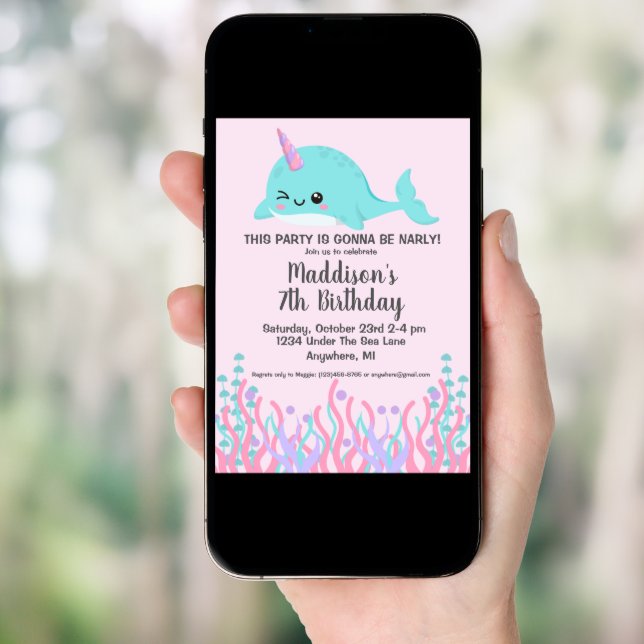 Cute Under The Sea Winking Narwhal Birthday Invitation (Front Digital)