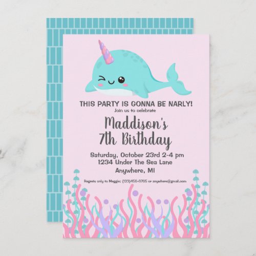 Cute Under The Sea Winking Narwhal Birthday Invitation