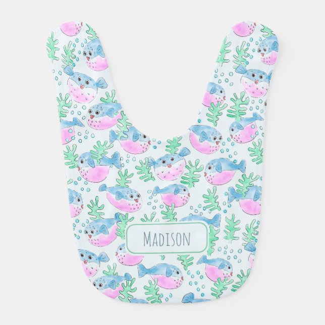 Cute Undersea Puffer Fish Ocean Theme Baby Bib (Front)
