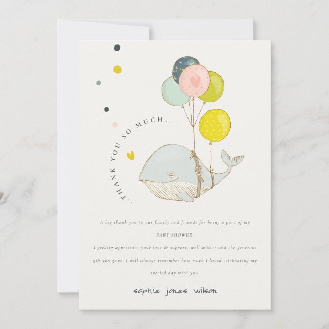 Cute Underwater Balloon Heart Whale Baby Shower Thank You Card (Front)