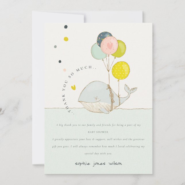 Cute Underwater Balloon Heart Whale Baby Shower Thank You Card (Front)