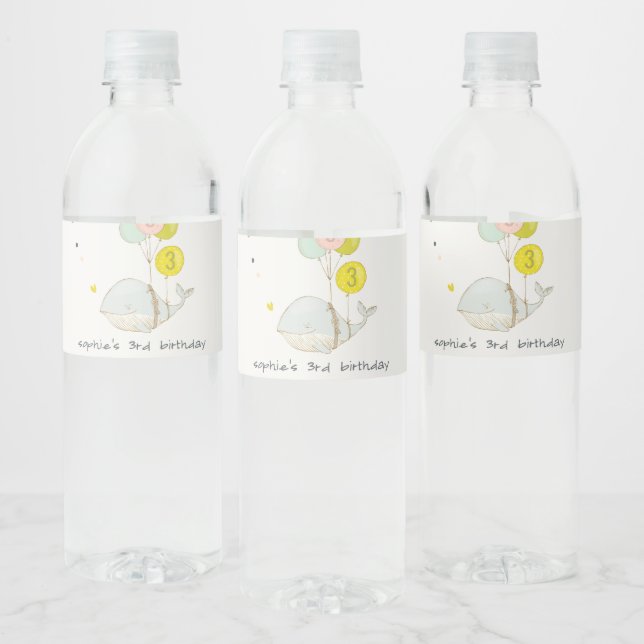 Cute Underwater Balloon Heart Whale Kids Birthday Water Bottle Label (Bottles)