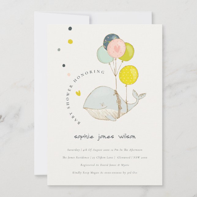 Cute Underwater Balloon Whale Baby Shower Invite (Front)