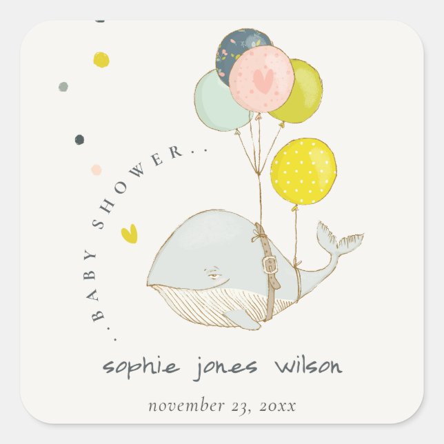 Cute Underwater Balloon Whale Heart Baby Shower Square Sticker (Front)