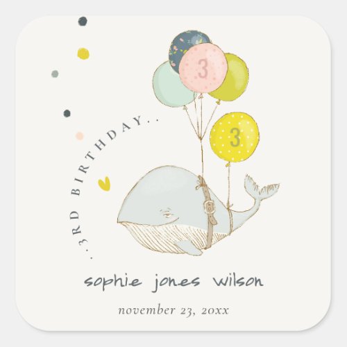 Cute Underwater Balloon Whale Heart Kids Birthday Square Sticker