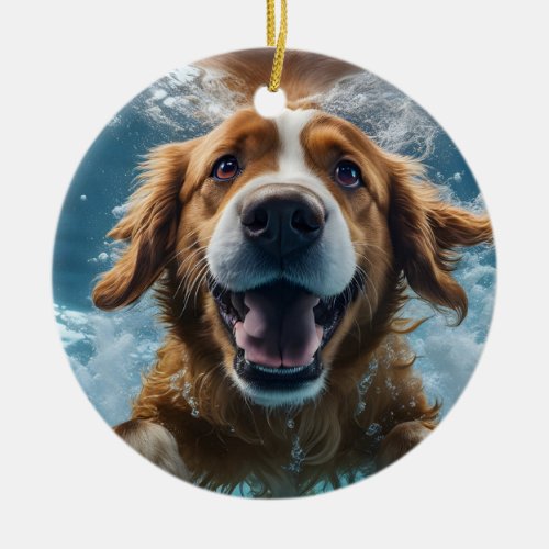 Cute Underwater Brown Dog Swimming Ornament
