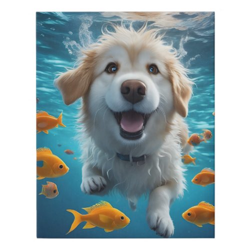 Cute Underwater Dog Swimming with Fish  Faux Canvas Print