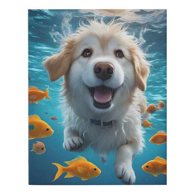 Cute Underwater Dog Swimming with Fish  Faux Canvas Print (Front)