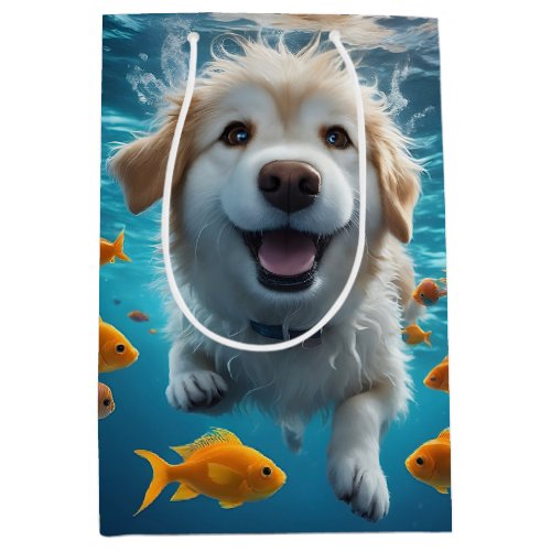 Cute Underwater Dog Swimming with Fish  Medium Gift Bag