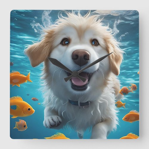 Cute Underwater Dog Swimming with Fish  Square Wall Clock