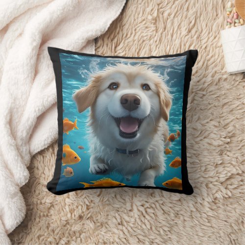 Cute Underwater Dog Swimming with Fish  Throw Pillow