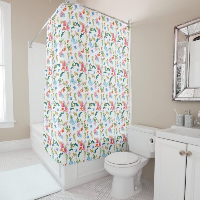 Cute Underwater Friends – Ocean Animals Pattern Shower Curtain (In Situ)