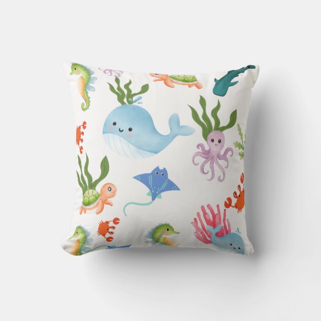 Cute Underwater Friends – Ocean Animals Pattern  Throw Pillow (Front)
