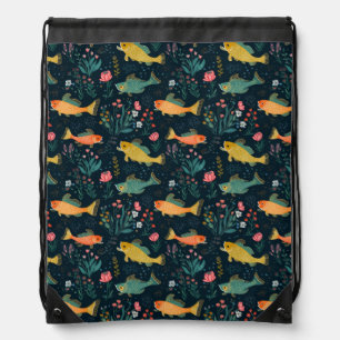 Cute Underwater Goldfish Koi Aquatic Plant Pattern Drawstring Bag