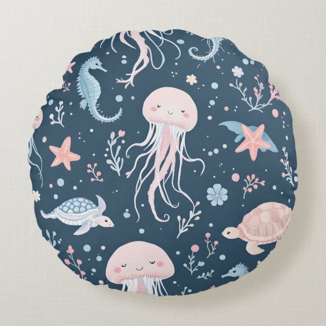 Cute Underwater Jellyfish and Sea Turtles Pattern  Round Pillow (Front)