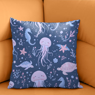 Cute Underwater Jellyfish and Sea Turtles Pattern Throw Pillow