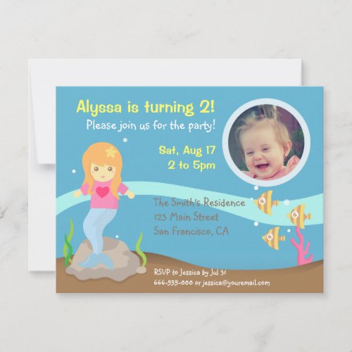 Cute Underwater Mermaid Girl Birthday Party Photo Invitation