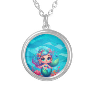 Cute underwater mermaid silver plated necklace
