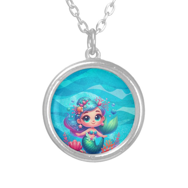 Cute underwater mermaid silver plated necklace (Front)