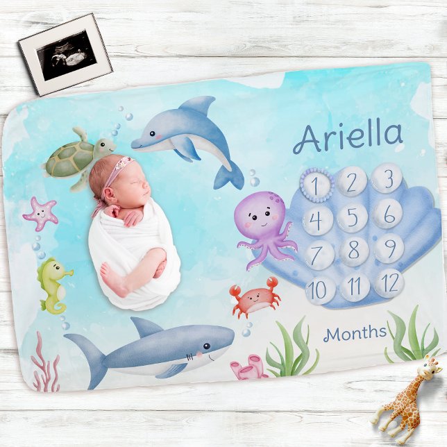 Cute Underwater Ocean Sea Animal Monthly Milestone Baby Blanket (Creator Uploaded)