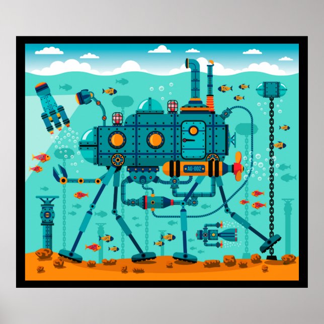 Cute Underwater Robot Scene Poster (Front)