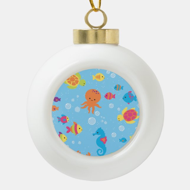 Cute Underwater Scene Ceramic Ball Christmas Ornament (Front)