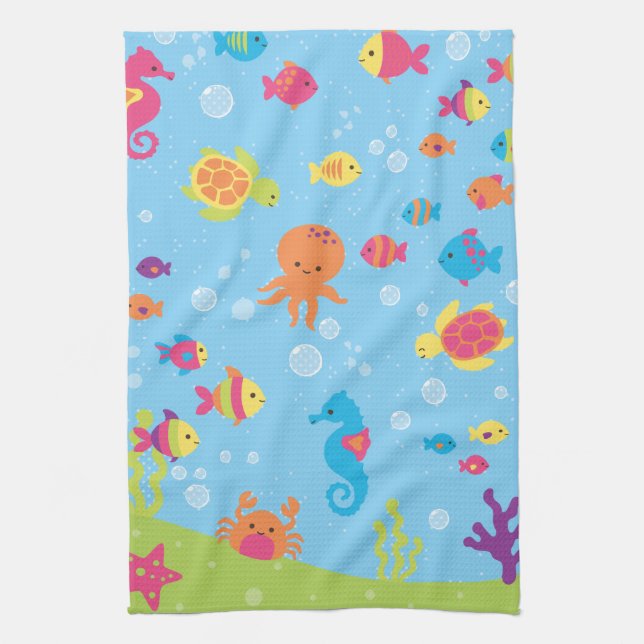 Cute Underwater Scene Kitchen Towel (Vertical)