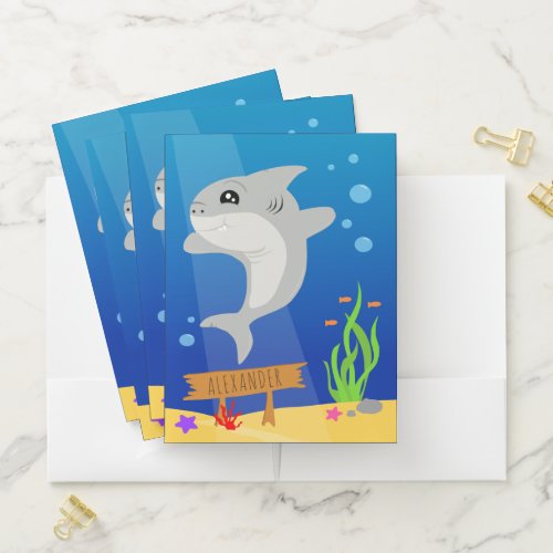 Cute Underwater Scene with Happy Grey Shark Kids Pocket Folder