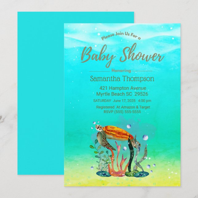 Cute Underwater Sea Turtle Baby Shower Invitation (Front/Back)