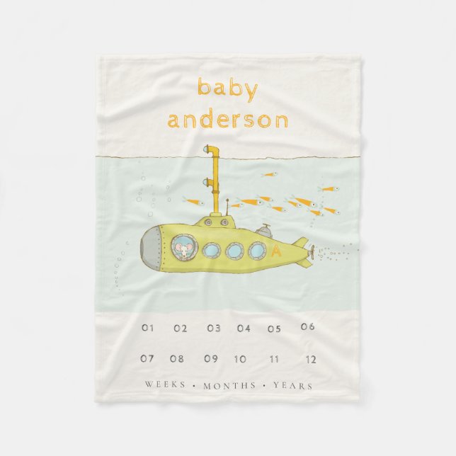 Cute Underwater Submarine Monogram Baby Milestone Fleece Blanket (Front)