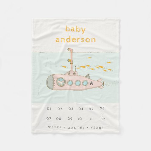 Cute Underwater Submarine Monogram Baby Milestone Fleece Blanket