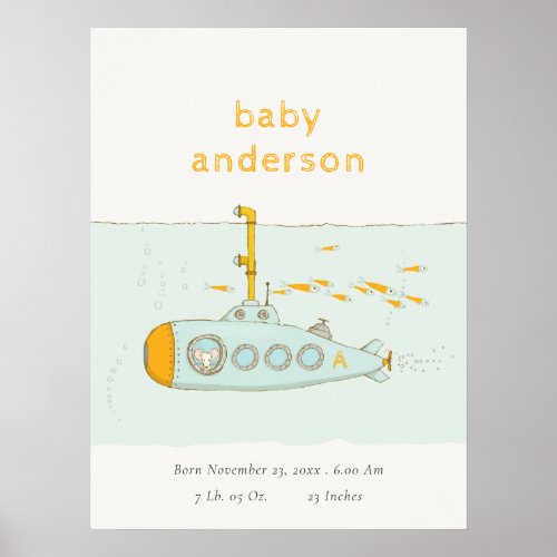 Cute Underwater Submarine Monogram Baby Stat Poster