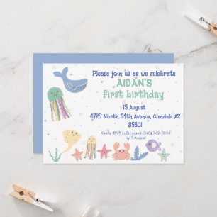 Cute Underwater World First Birthday Invitation