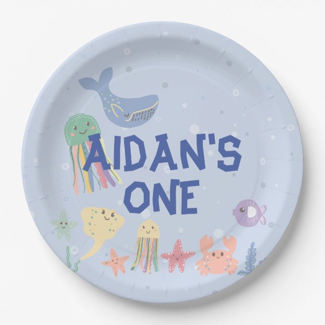 Cute Underwater World First Birthday Paper Plates (Front)