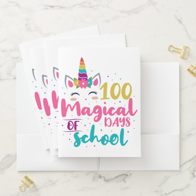 Cute Unicorn 100 Magical Days Of School Pocket Folder (In Situ)