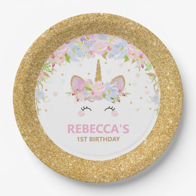 Cute Unicorn 1st Birthday Floral Gold Glitter Paper Plates (Front)
