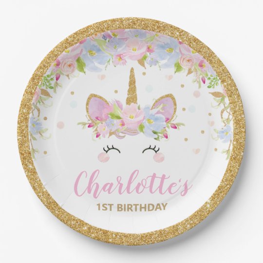 Cute Unicorn 1st Birthday Floral Whimsical Paper Plate | Zazzle.com