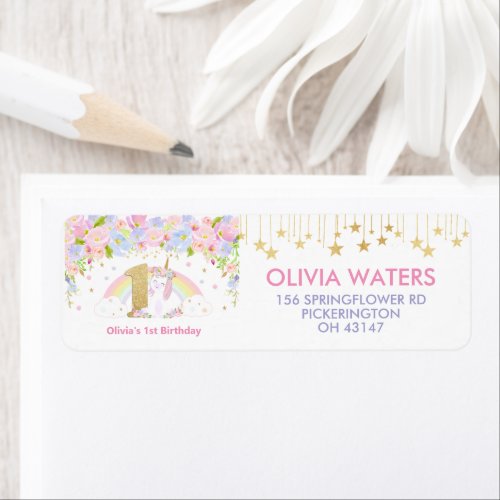 Cute Unicorn 1st Birthday Party Return Address Label