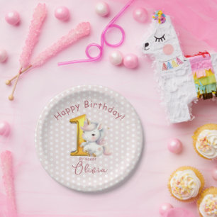 Cute Unicorn 1st Birthday with white polka dots Paper Plates