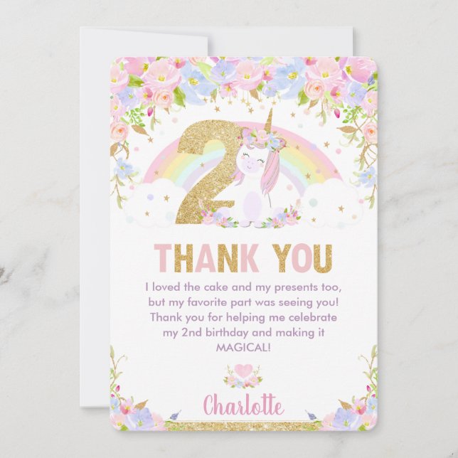 Cute Unicorn 2nd Birthday Rainbow Floral Thank You Card (Front)
