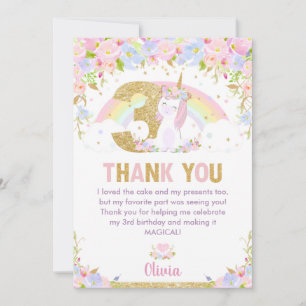 Cute Unicorn 3rd Birthday Rainbow Floral Thank You Card