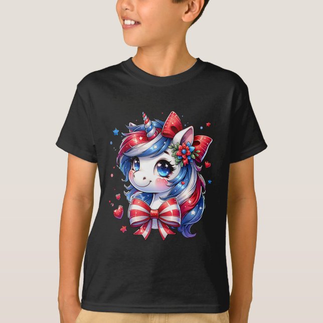 Cute Unicorn 4th Of July Girls Kids American Flag  T-Shirt (Front)